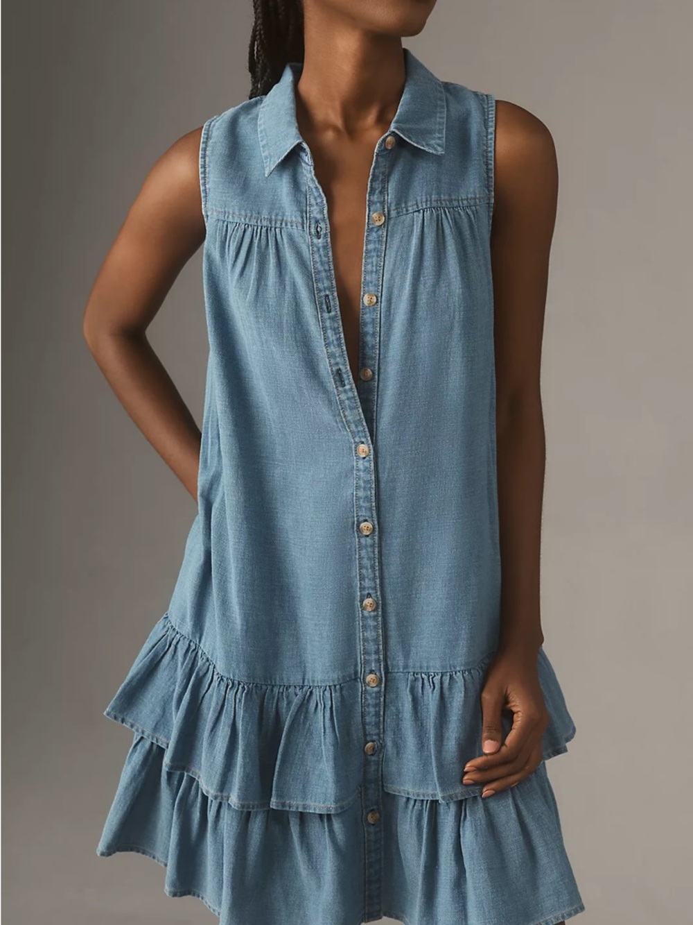 Nwot Pilcro Blue Denim Tiered Button-Front Dress with Brown Studded Belt - Picture 3 of 5